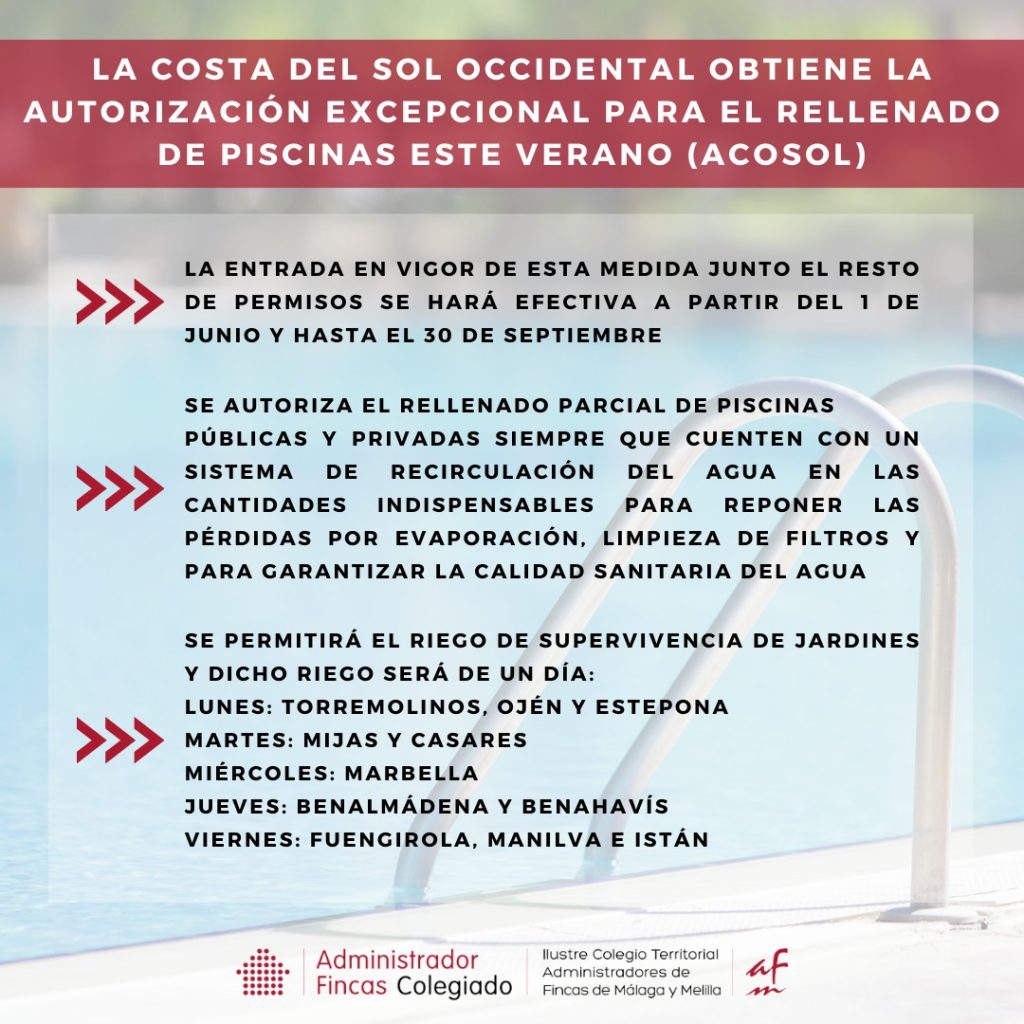Flexibilización en el uso del agua para el verano de 2024 en los municipios de la provincia de Málaga. rellenado de piscinas